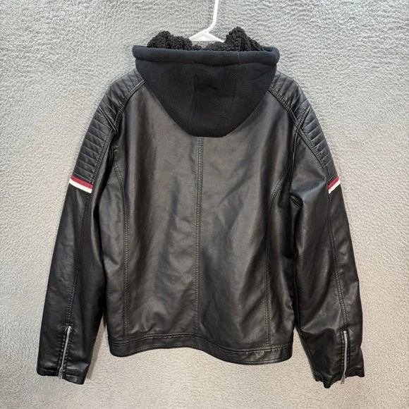 Hard Edge Jacket Adult XL Black Faux Leather Motorcycle Biker Hooded Moto Y2K - Picture 2 of 12